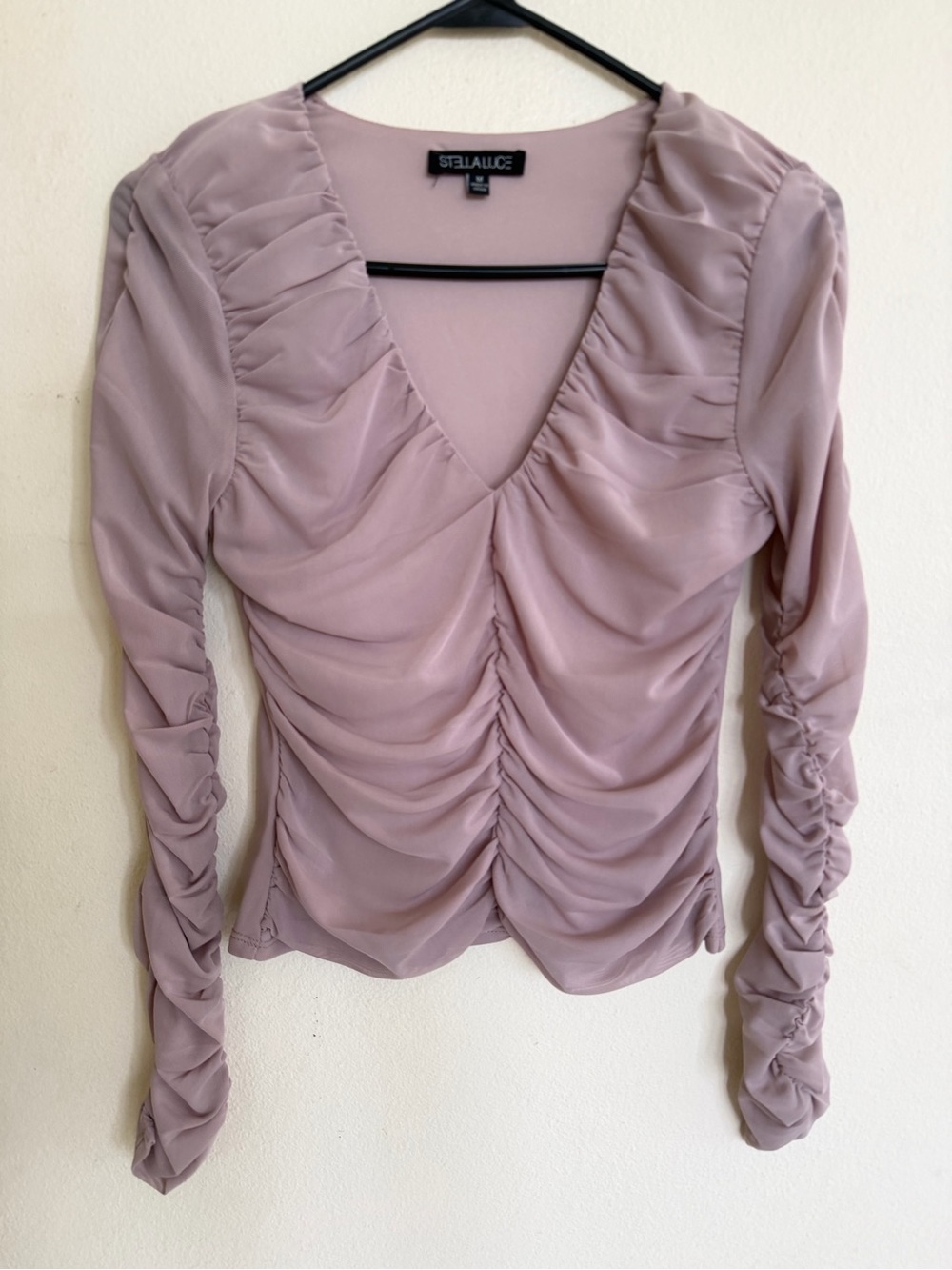 Stella Luce Dusty Mauve Ruched V-Neck Long Sleeve Top